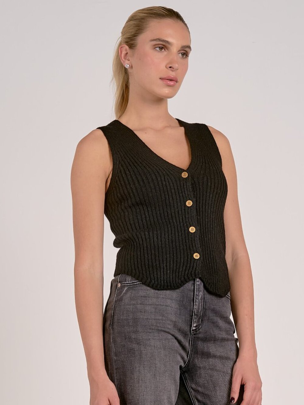 Black Ribbed Knit Button-Down Sweater Vest